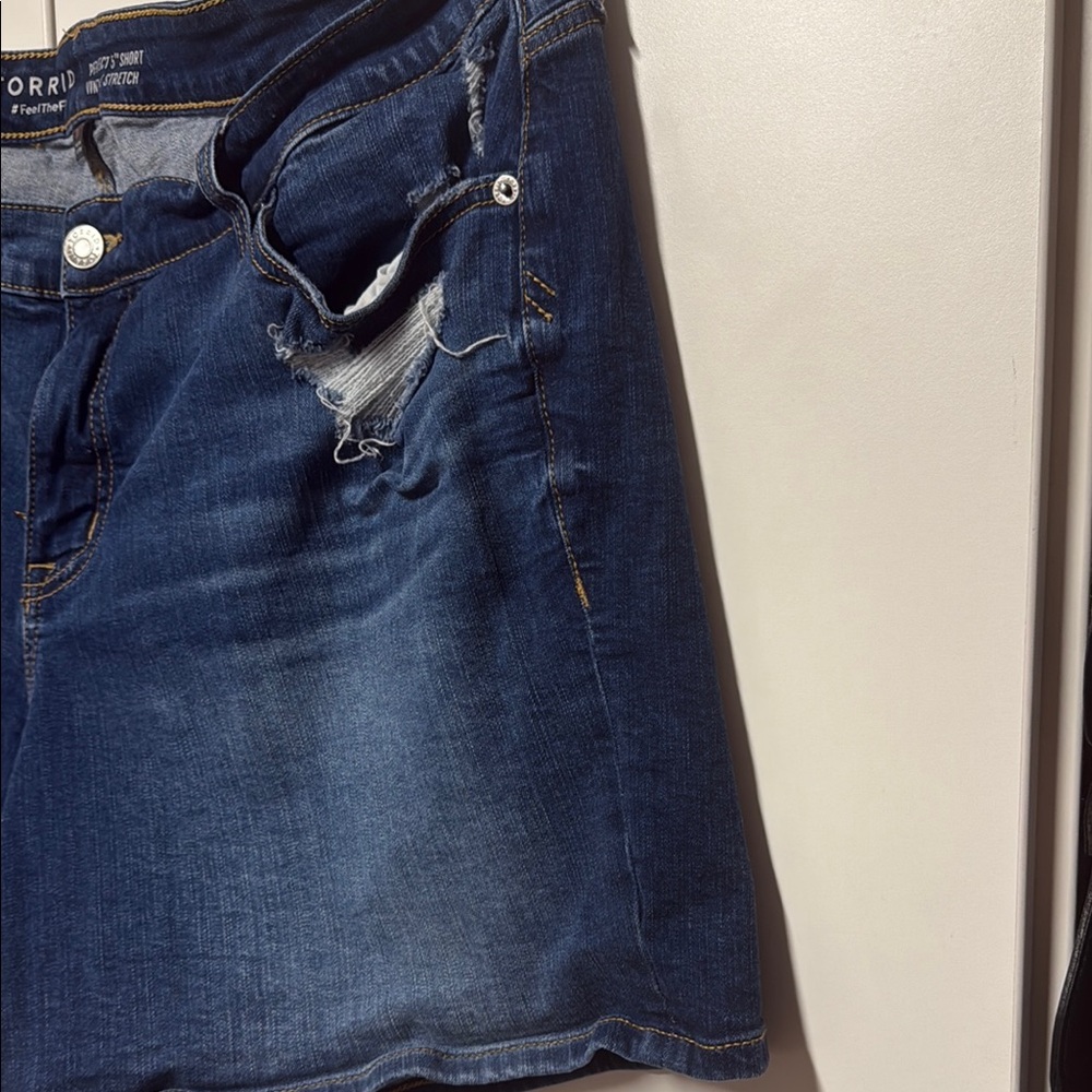 Torrid Distressed Dark Blue Jean Shorts - Picture 4 of 5